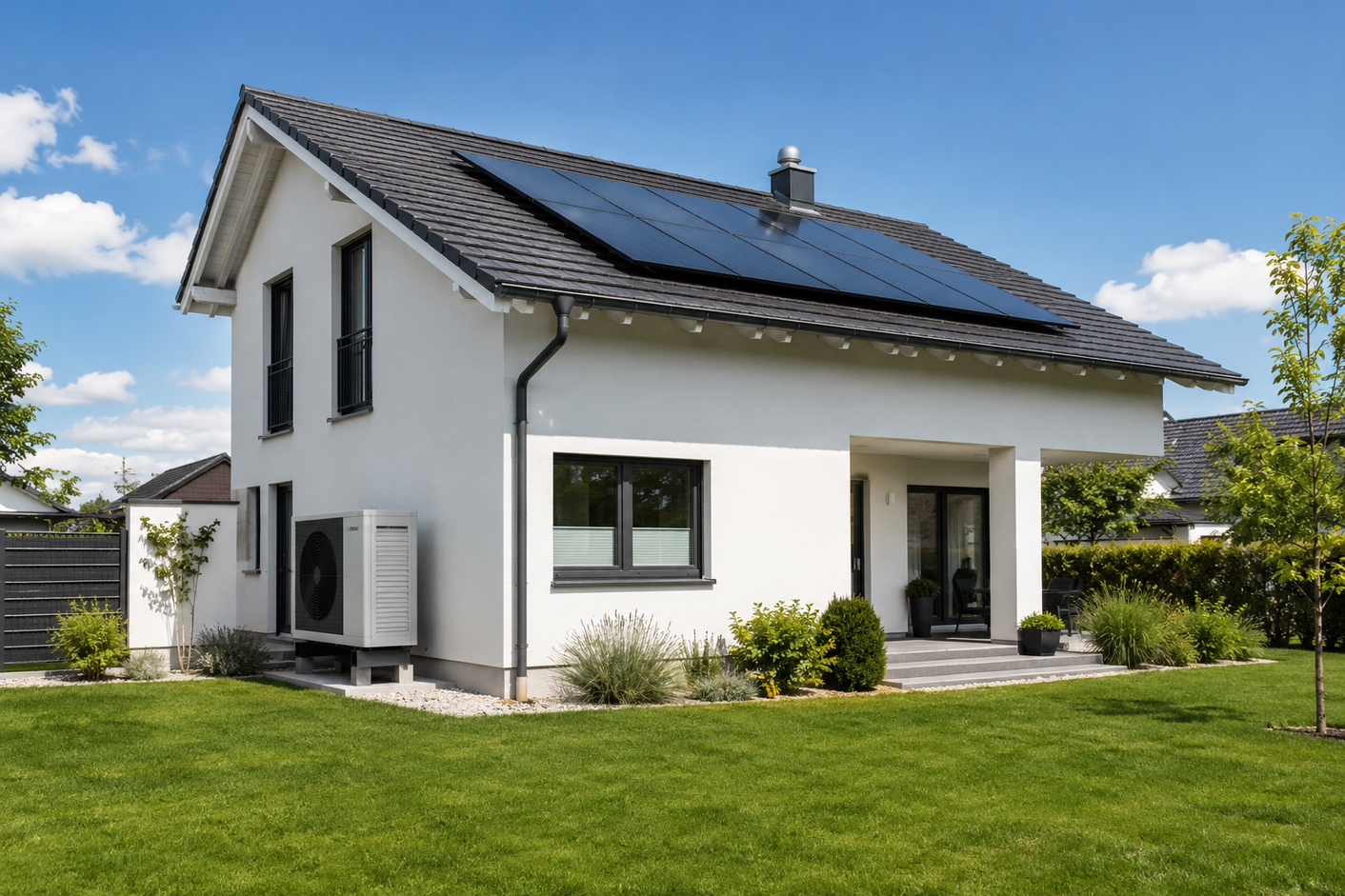 Modernes Einfamilienhaus mit Solaranlage auf dem Dach und Wärmepumpe neben der Hauswand. Gepflegter Garten mit Rasen und Sträuchern umgibt das Gebäude.
