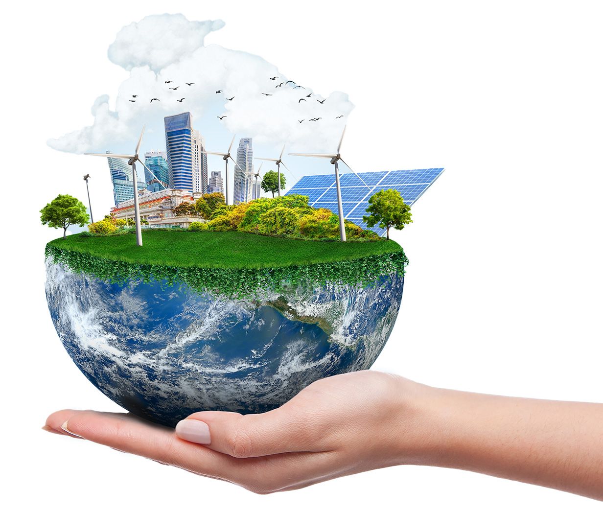 Hand hält die Welt fest mit erneuerbaren Energien